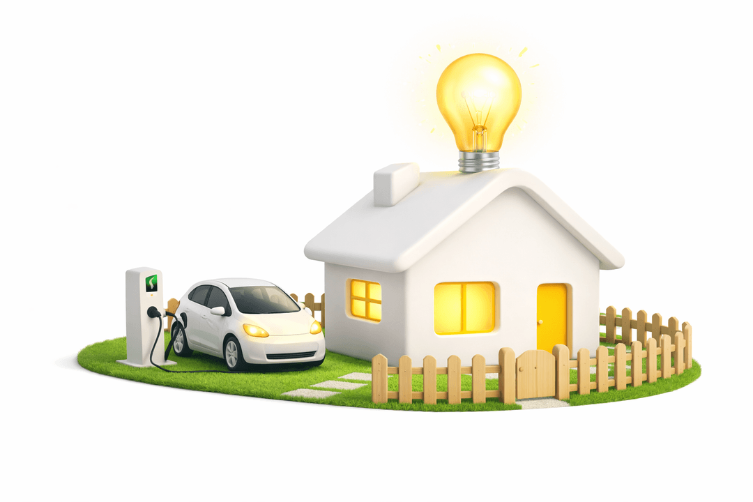 casa con coche eléctrico y luz